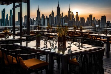 : Enjoy Gourmet Delights on a Terrace Roof with Tables and Chairs, High Above the Cityscape