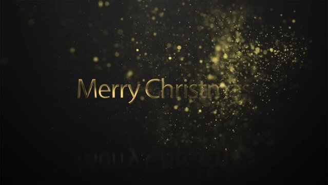 Merry Christmas beautiful shiny golden Christmas text animated with sparkles effect and bokeh on black screen. Christmas celebration elements.