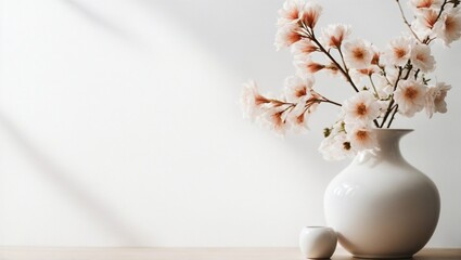 Beautiful flowers in a vase. Minimalist concept with a clean white background in a calming shades and a vase, reminiscent of nature and renewal. With copy space.