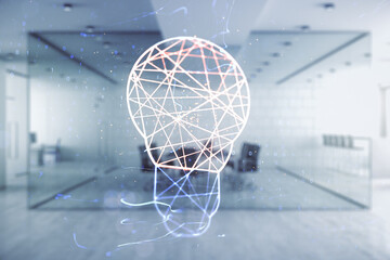 Double exposure of creative light bulb hologram on modern corporate office background, research and development concept