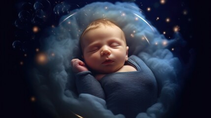 Dreaming Newborn Cradled in Cosmic Bubbles and Starlight - obrazy, fototapety, plakaty