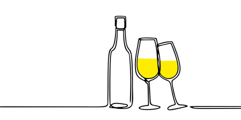 wine bottle and glass single continuous line illustration