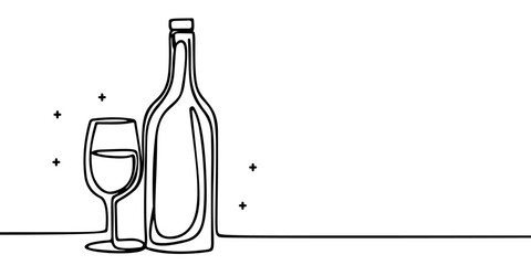 wine bottle and glass single continuous line illustration