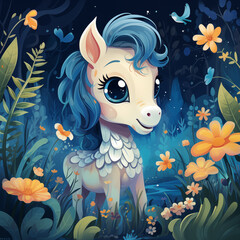 Cavalo azul fofo e plantas - Ilustração infantil colorida