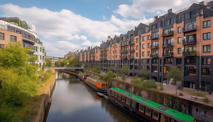 colourful new postmodern urban canal with apartment rows. AI generated