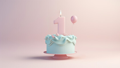 Birthday cake pastel with number 1 on pink blue background. One year concept. A colorful birthday cupcake with one candle and confetti on a yellow background Happy Birthday concept