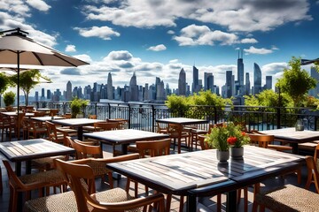 Savor city delights on a restaurant terrace adorned with tables and chairs. The setting unfolds a culinary journey against the backdrop of an urban landscape, inviting delightful experiences.