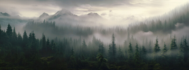 Misty Pines at Dawn. A serene pine forest shrouded in morning fog with sun rays piercing through the mist