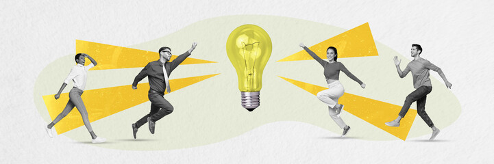 Smart idea concept collage picture of four teammates colleagues jumping connected to make great decisions lamp isolated on white background