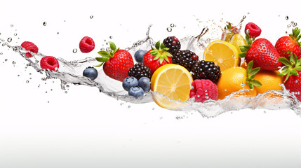 Fresh fruits strawberry, blackberry, blueberry, raspberry and orange with water splash freeze motion on white background.