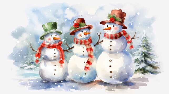 A collection of watercolor Christmas snowmen for an adorable holiday design. snowman on winter background.