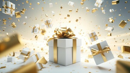 Happy New Year and Merry Christmas 2024, white gift boxes with gold bows and gold glitter confetti on a white background. Gift boxes fly and fall. - obrazy, fototapety, plakaty