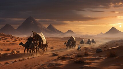 the journey of an Egyptian trading caravan traveling across the desert - obrazy, fototapety, plakaty