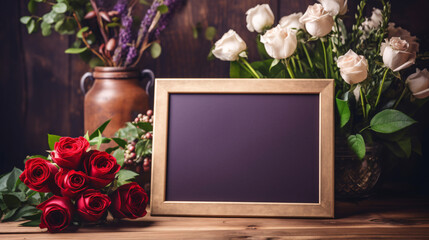 A blank wooden frame chalkboard with red roses and white rose bouquet, flowers and Valentines day background.