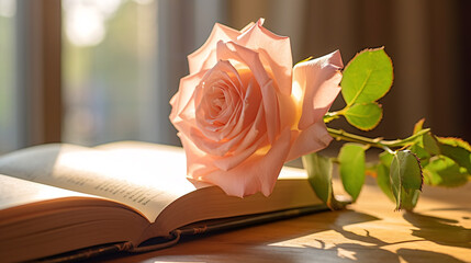 Beautiful pink rose on an open book with morning sunlight near window, book lovers and love concept, romantic valentine s day background.