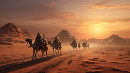 the journey of an Egyptian trading caravan traveling across the desert - obrazy, fototapety, plakaty