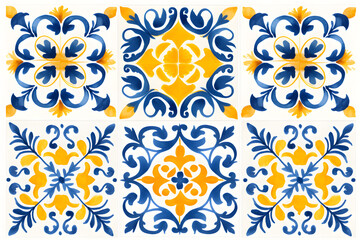 Pattern of azulejos tiles. Rustic blue and yellow tile watercolor seamless pattern 