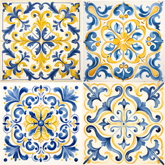 Pattern of azulejos tiles. Rustic blue and yellow tile watercolor seamless pattern 