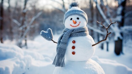 Snowman with Hat and Scarf Smiling in Winter Wonderland