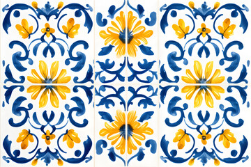 Pattern of azulejos tiles. Rustic blue and yellow tile watercolor seamless pattern  - obrazy, fototapety, plakaty