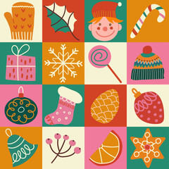 Happy holidays. Merry Christmas Happy New Year geometric pattern. Christmas card, poster, banner, frame. Flat illustration