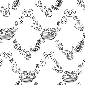 Vector Easter seamless pattern. Great spring Holiday background. Doodle outline illustration. Cute hand drawn bunny, eggs, plants and blossom picture