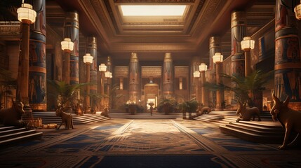 the opulent interior of an ancient Egyptian palace, adorned with artwork and luxury