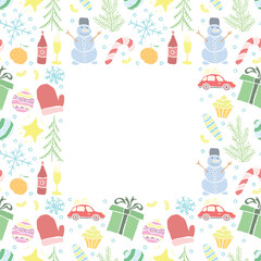 Seamless christmas frame. New year background. Doodle illustration with christmas and new year icons