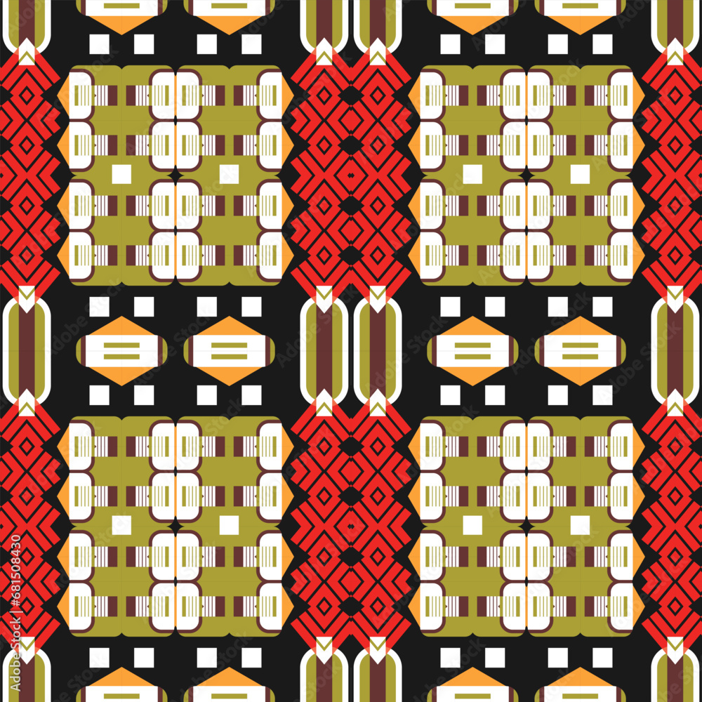 Aufkleber seamless pattern with a colorful ethnic print. abstract geometric elements on a dark background. vec