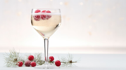 Classic glass with champagne with berries, Christmas drink sparkling wine. Minimal style, copy space. Alcoholic drinks for Christmas party.