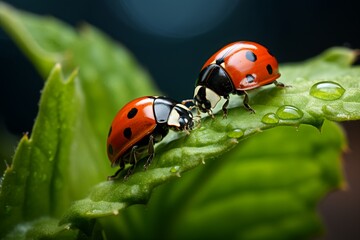 Ladybug walking on a green leaf