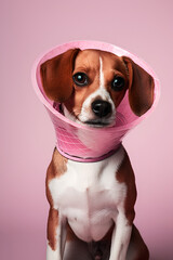 mixed breed with beagle red white dog in protective veterinary collar on pink background treatment and care for pets after surgery