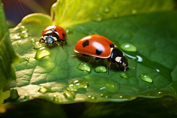 Ladybug walking on a green leaf