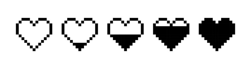 Set of black heart line icon. Emoji, valentine's day, relationships, love, life, health, game, treatment, applications, pixel style. Multicolored icon on white background.