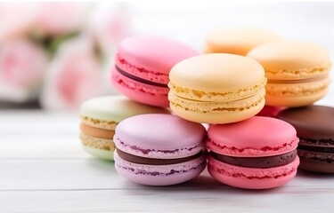Fototapeta premium macaroons cookies sweet dessert on white plate on wooden table