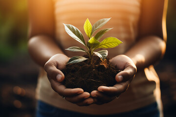 hand holding small tree for planting. concept green world earth day. Ecological concept with green...