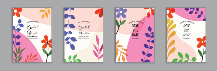 Vector bright and colorful  wedding cards, invitation template leaves, and flowers floral © mim art