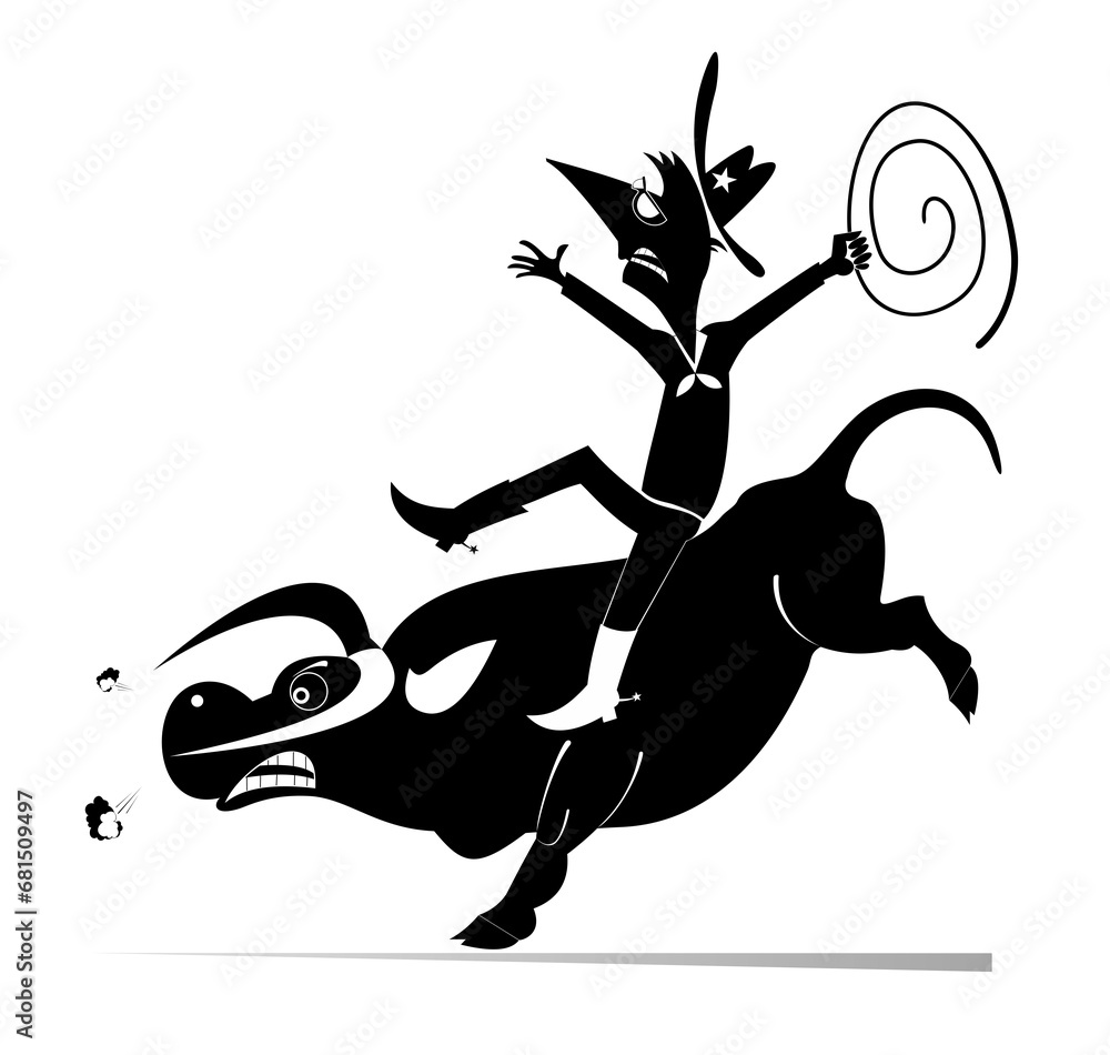 Wall mural Farmer or cowboy riding a bull.
Farm. Rodeo. Farmer or cowboy with lasso rides a bull. Black and white illustration
