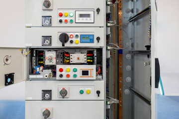 Electrical equipment. Industrial equipment control cabinet. Electrical panel for control over production workshop. Electrical production equipment. Cabinet for automation of manufactory