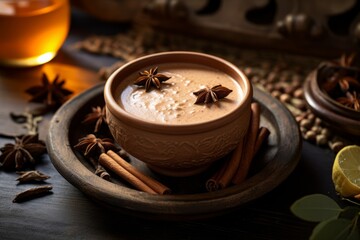 Obraz na płótnie Canvas Experience the warmth of traditional Indian masala chai in a clay cup surrounded by aromatic spices