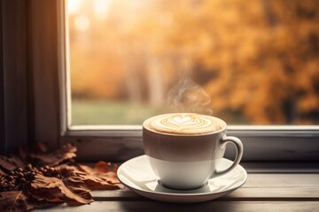 Obraz premium A Frothy Honey Almond Latte Awaits on an Antique Table under the Soft Morning Sunlight