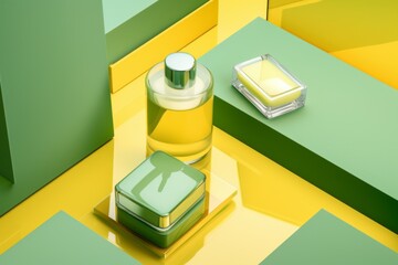 Yellow and green cosmetic presentation packaging mockup cosmetic products. Cream jar, spray, oil, lotion or shampoo, gel shower and liquid soap, antiperspirant Modern style beauty products