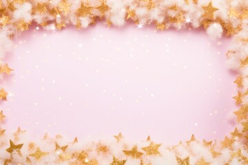 Obraz premium Fluffy blank frame with stars in warm pink and gold color and snow for Christmas background