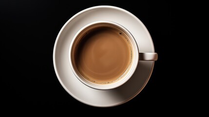 A cup of coffee on a black background, top view