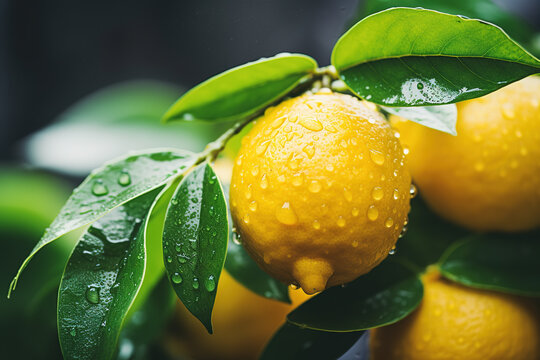 Lemon tree branch with ripe yellow lemons with water drops
