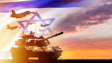 Israeli defense forces at sunset. Tank and military plane with Israeli flag. Israeli armed forces....