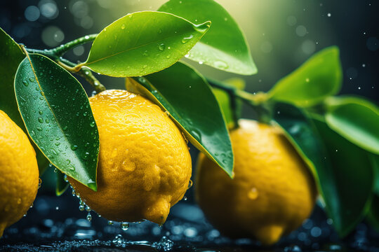 Lemon tree branch with ripe yellow lemons with water drops