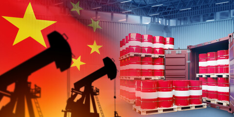Oil industry of China. Sea container with barrels. PRC flag. Oil imports to China. Supplies of...