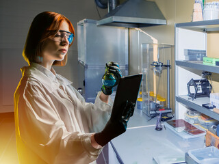 Woman industrial laboratory assistant. Chemist with test tube in factory laboratory. Girl scientist...