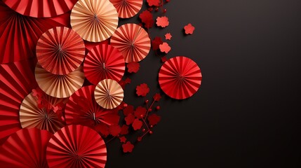 Chinese New Year Celebration Traditional Red Surface with Lanterns and Artistic Fan Craft Festive Holiday Cultural Decor with Space for Adding Text Top View Celebrating the Lunar New Year